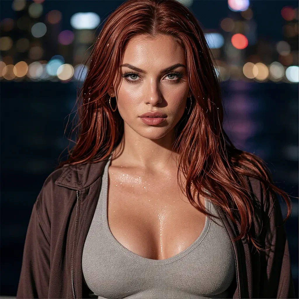 Round avatar of a fictional club regular with long red hair against city lights