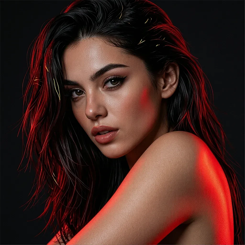 Round avatar of a fictional club regular with dark hair lit in red from one side