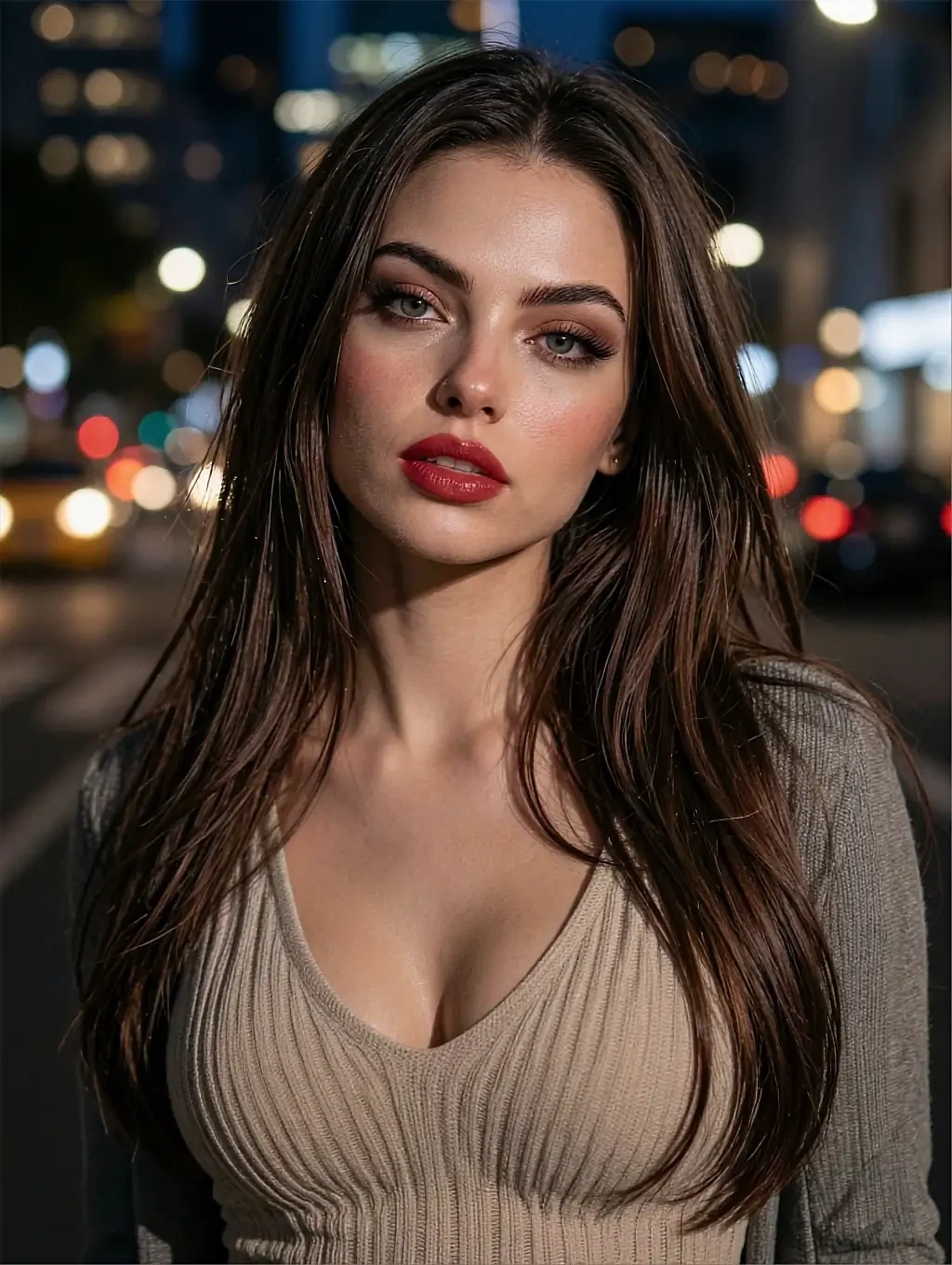 Barbara, a fictional AI character on the club's list, brunette in knitwear against night traffic