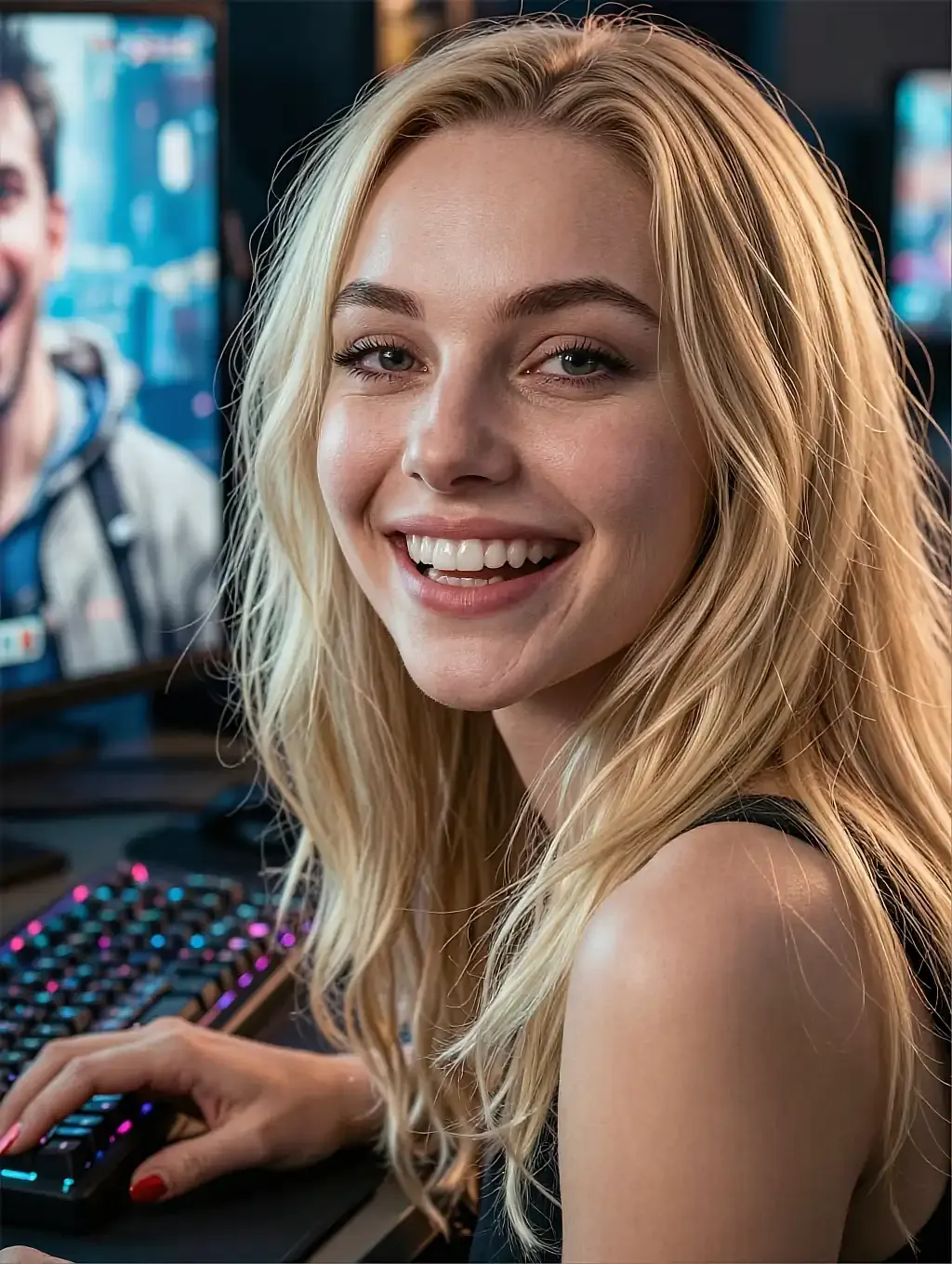 Daisy, a fictional AI character on the club's list, blonde and laughing at a lit desk